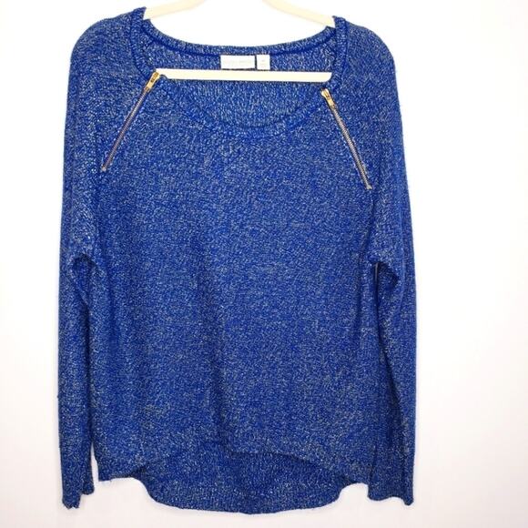 Bisou Bisou Michele Bonbot Zippered Hi Low Blue and Gold Sweater Medium - Picture 1 of 8